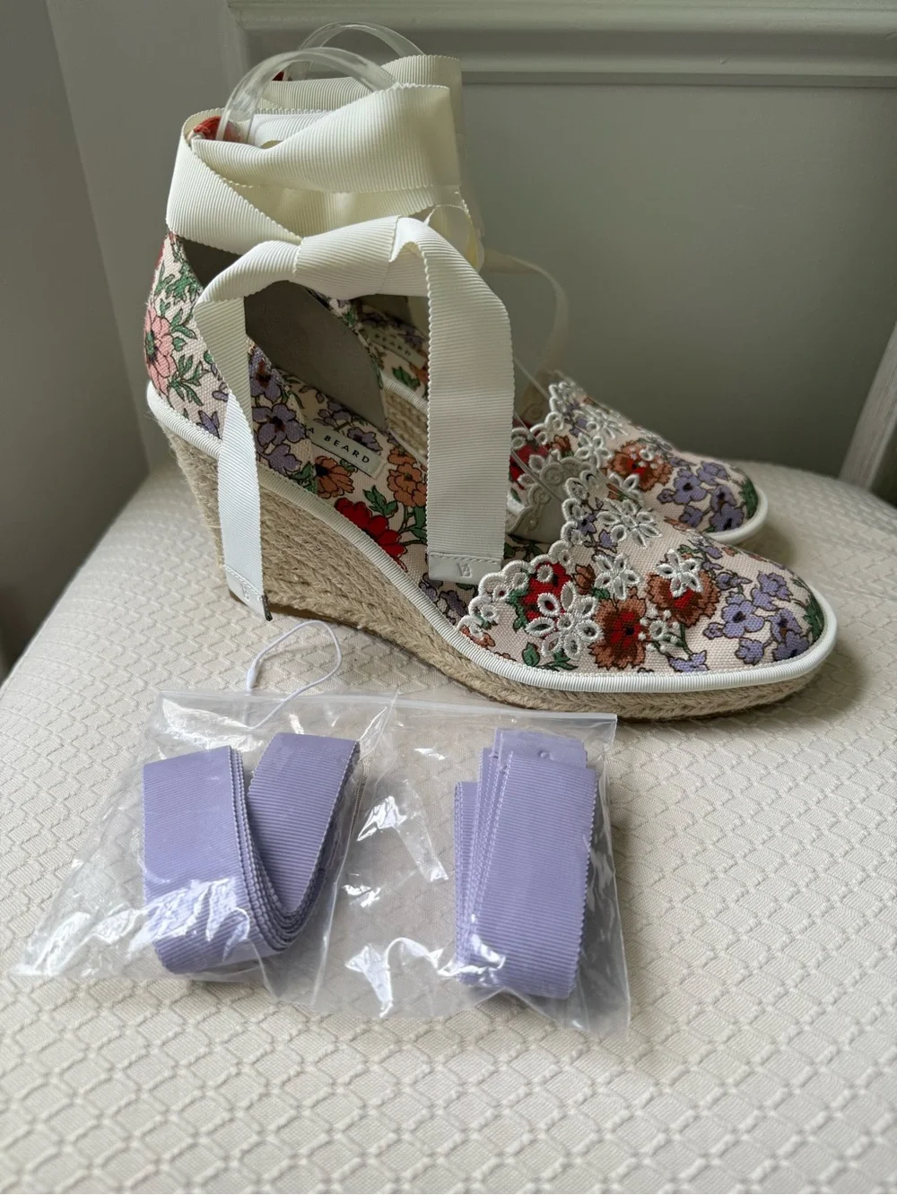 Veronica Beard Soleil White Floral  Embroidered Espadrille Wedges Sandal